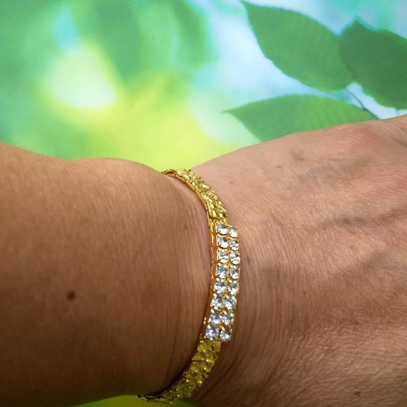 vintage 70s cubic zirconia pebbled gold plate tennis bracelet NWOT - Picture 2 of 10